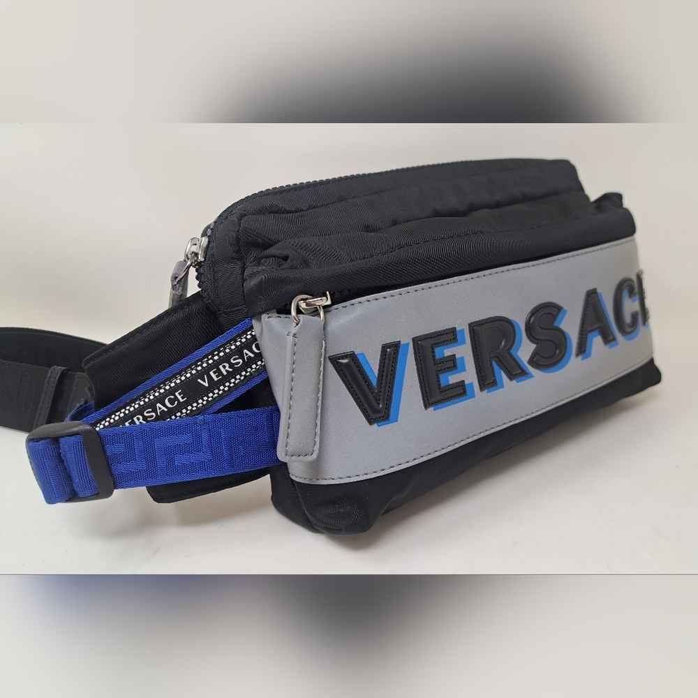 NWT Versace Reflective Logo Nylon Greca Strap Crossbody Belt Waist Bag Large
